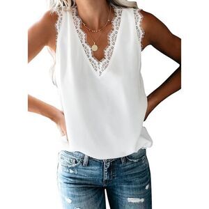 Women’s Lace Trim Tank Top, V Neck, Casual, Sleeveless Blouse, Shirts